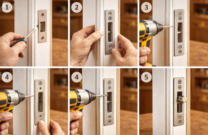Step-by-step photo sequence showing strike plate installation. 1) Removing old plate with short screws. 2) Holding new heavy-duty plate against frame. 3) Drilling pilot holes. 4) Driving 3-inch screws with drill. 5) Final installation with deadbolt engaged. Clear, well-lit workshop setting, hands visible performing work.