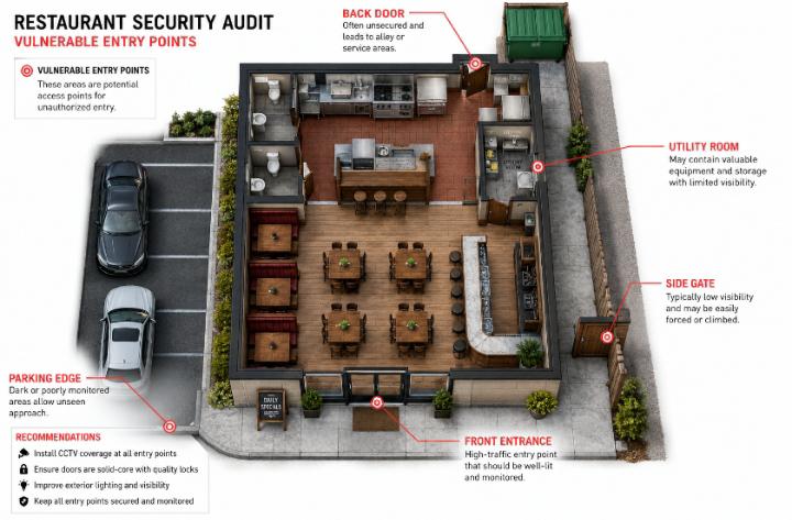 Clean bird's-eye-view illustrated floor plan of a small American restaurant showing red-marked vulnerable entry points — back door, side gate, utility room, parking edge. 