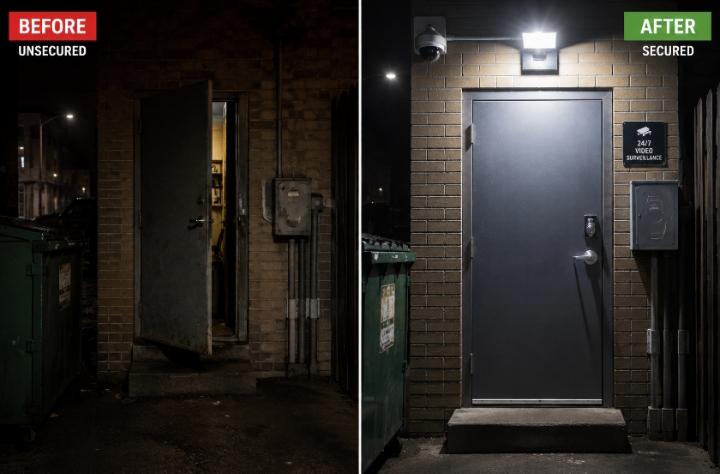 Split-frame comparison photo. Left side: a restaurant back door at night in a US city alley — poorly lit, slightly ajar, shadowy and unmonitored. Right side: the exact same door fully secured — bright motion-activated floodlight on, a visible camera mounted above, a heavy-duty deadbolt installed.