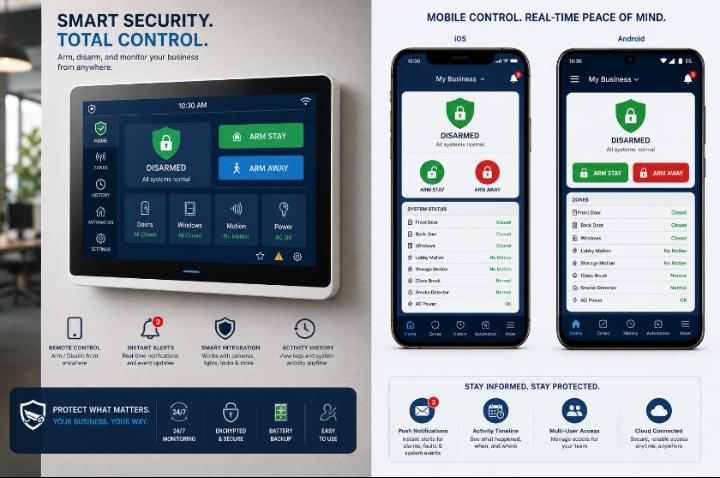 Modern small business alarm control panel with mobile app integration display