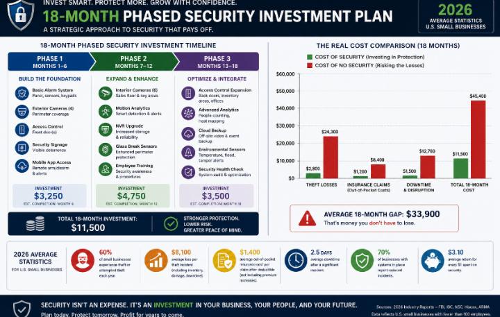 Small business security budget infographic showing phased investment and ROI calculations