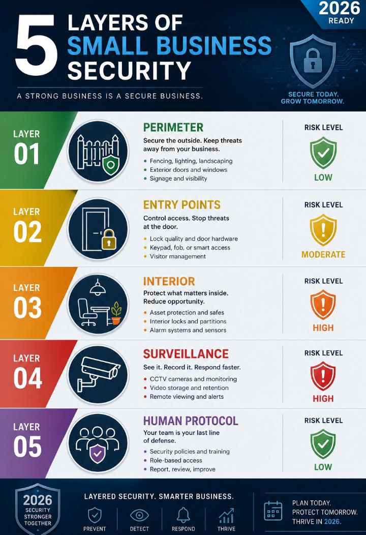 Layered small business security diagram showing physical barriers, cameras, alarms, and staff protocols