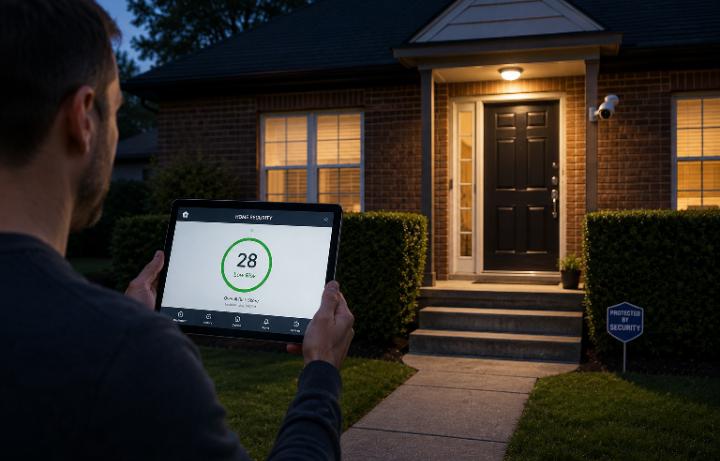 tablet displaying a security dashboard showing the number 28 in a green circle labeled Low Risk