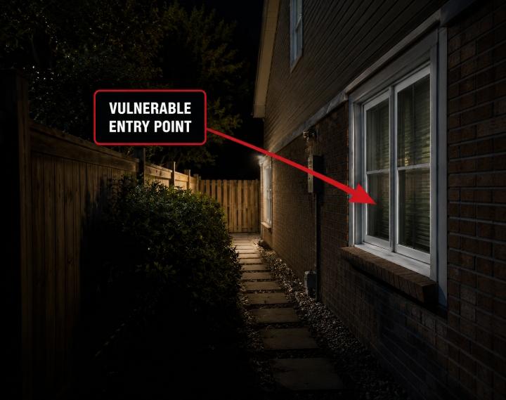A dark side passage beside a typical American suburban house at night, partially hidden from the street by landscaping and fencing, with a ground-floor window highlighted by a red arrow as a vulnerable entry point. Realistic home-security photography, educational style, no people.