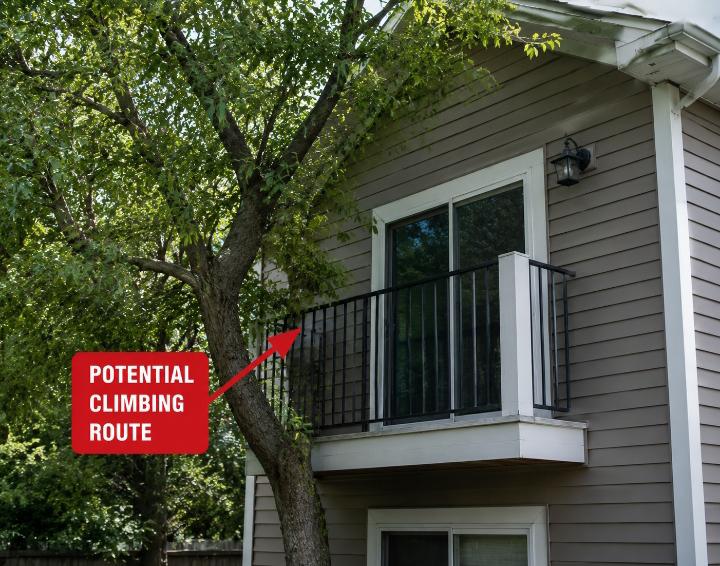 A tree growing close to a second-floor balcony of a typical American suburban home, creating a potential climbing route. Realistic daylight photography, educational home-security awareness image, no people.