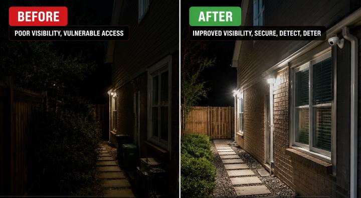 Before-and-after comparison of a typical American suburban home. LEFT: poorly lit side entrance, vulnerable-looking ground-floor windows, dense concealment and unsecured outdoor items. RIGHT: improved visibility, appropriate window security, motion-activated lighting, organized surroundings and a visible security camera. Realistic educational home-security transformation image.