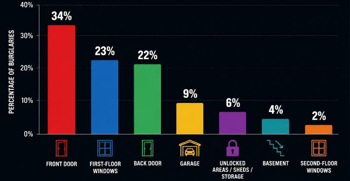 Clean educational bar chart showing commonly cited residential burglary entry points: front door 34%, first-floor windows 23%, back door 22%, garage 9%, unlocked areas/sheds/storage 6%, basement 4%, second-floor windows 2%. Modern American home-security infographic style, dark background, clearly readable labels.