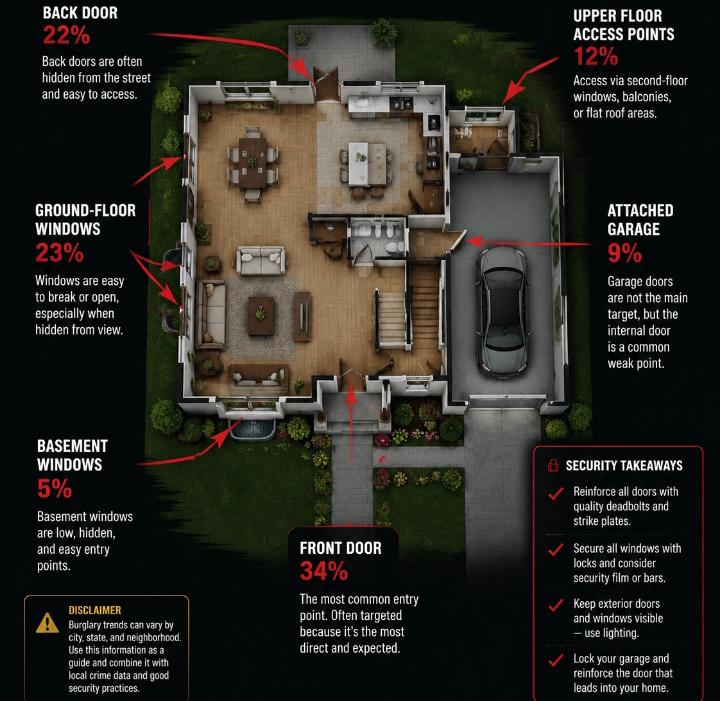 Overhead floor plan diagram of a typical American suburban house with red arrows showing common residential burglary entry points — front door, back door, ground-floor windows, attached garage, basement windows, and upper-floor access points. Clean educational home-security infographic, modern American home layout, dark background, clear labels.