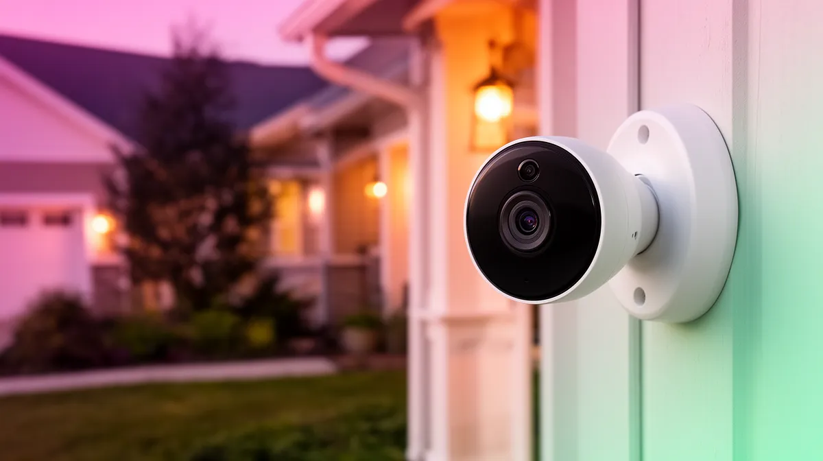Outdoor security camera mounted on a house at night.
