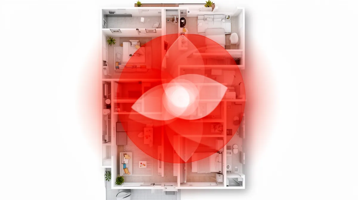 Cutaway view of a modern, minimalist apartment layout.